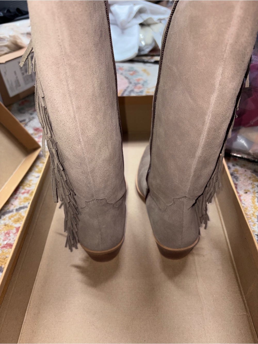 NIB NAUGHTY MONKEY RODEO DOLL TAUPE COWGIRL BOOTS Taupe Fringe TRIM - Picture 4 of 8